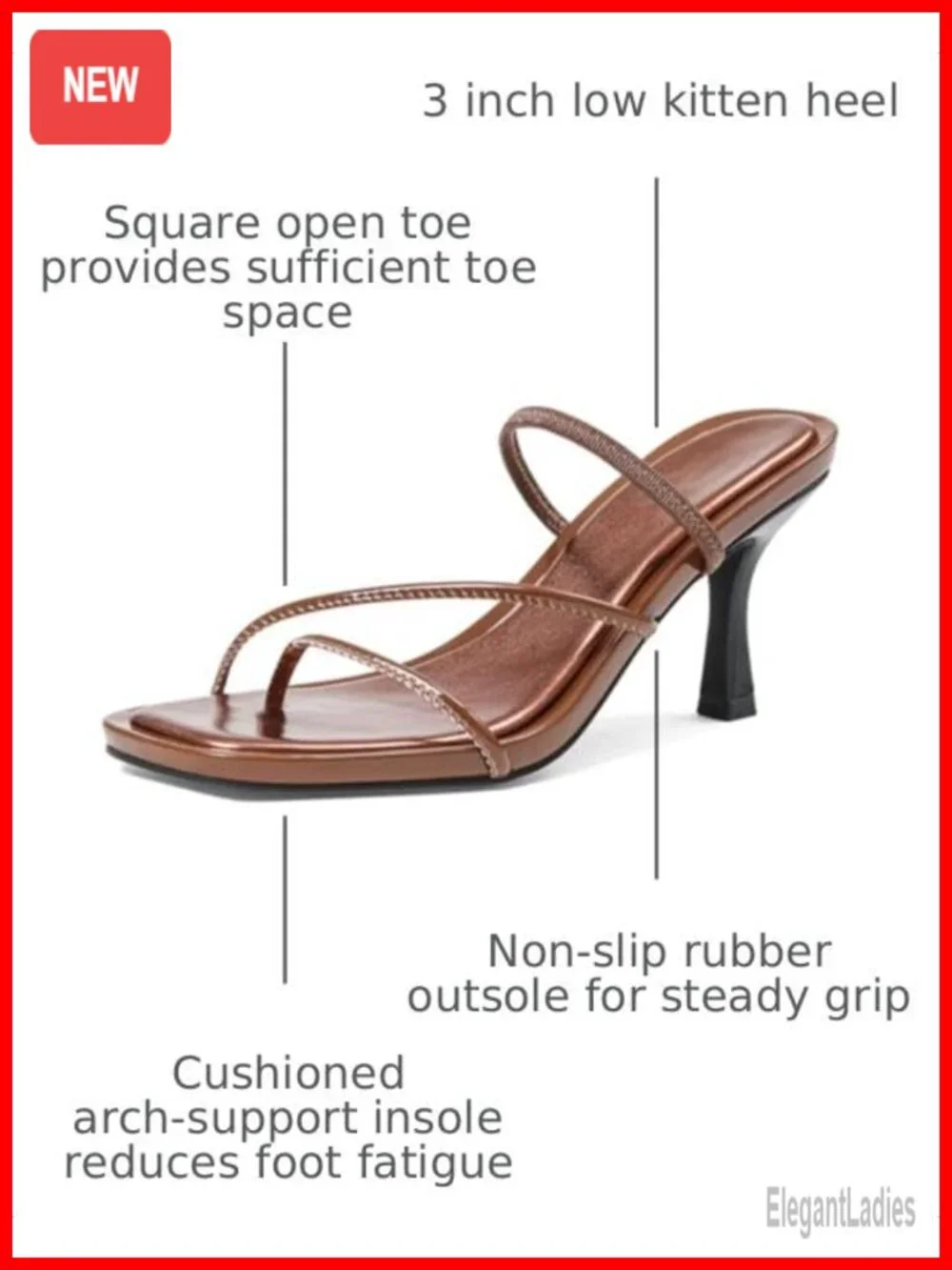 Kitten Heel Strappy Sandals Square Toe Slip On Leather Women's Heels